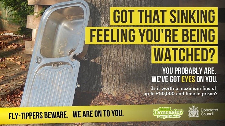 Fly-Tippers Beware Poster showing abandoned sink
